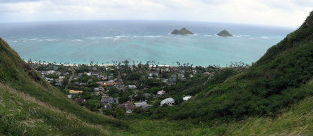 View of Hawaiian neighborhood and ocean from mountaintop