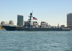 Arleigh Burke guided missile destroyer sailing past San Diego