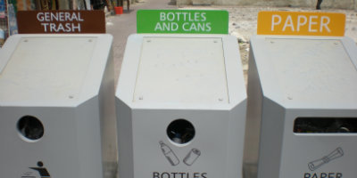 Trash, bottles/cans, and paper bins