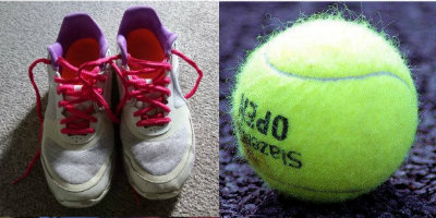 Picture of tennis ball and athletic shoes